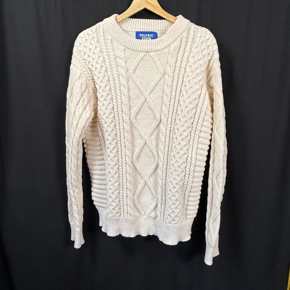 Aelfric Eden Retro 90s Cable Knit Sweater Unisex Size L Ivory Cream Chunky Baggy